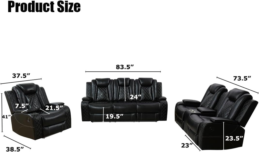 Power Leather Recliner Chair Set with LED Light, Black Leather Reclining Set, Living Room Furniture Sets, Modern Power Recliner Sets for Living Room/RV/Apartment(Black)