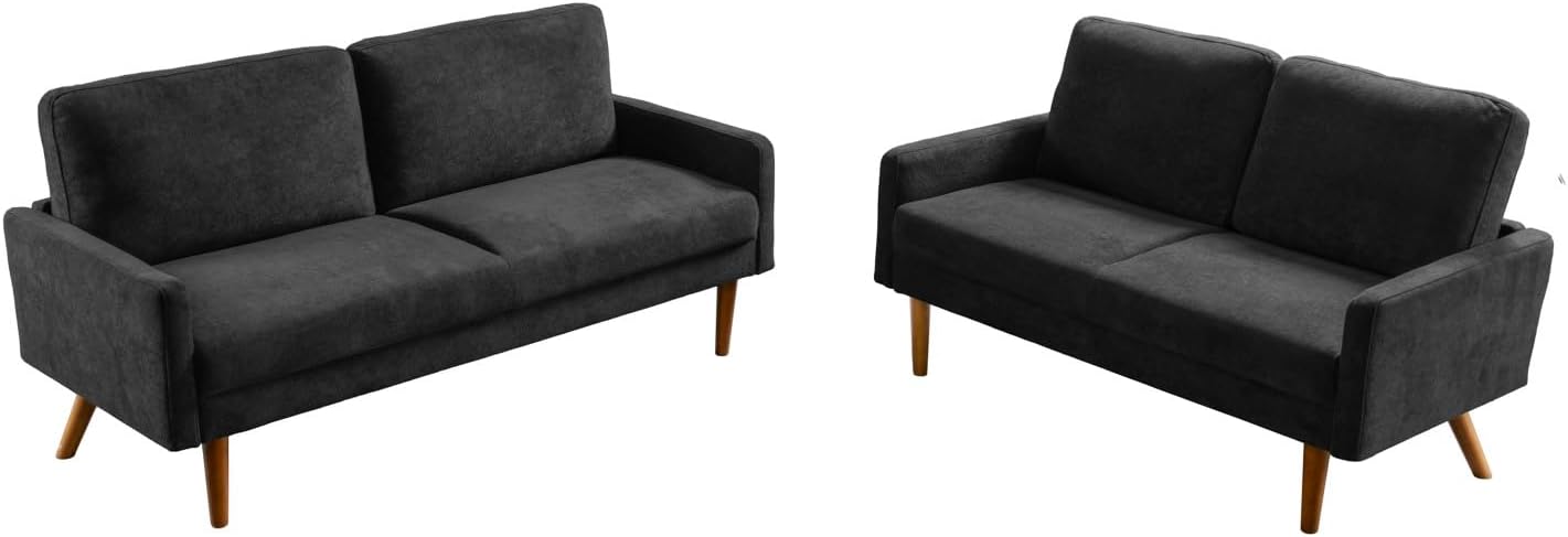 Kent 2 Piece Velvet Sofa and Loveseat Set, European Style with Modern & Vintage Flair, Upholstered 5 Seater Couch, Chic Living Room Furniture Seating for Home, Apartment or Office, Black