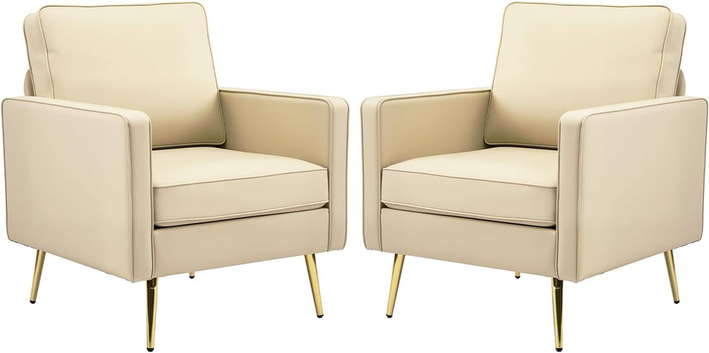 VINGLI PU Leather Accent Chairs Set of 2, Mid-Century Modern Living Room Chairs with Removable Cushions, Gold Legs, Upholstered Sofa Armchair for Bedroom, Office, Apartment, Play Room