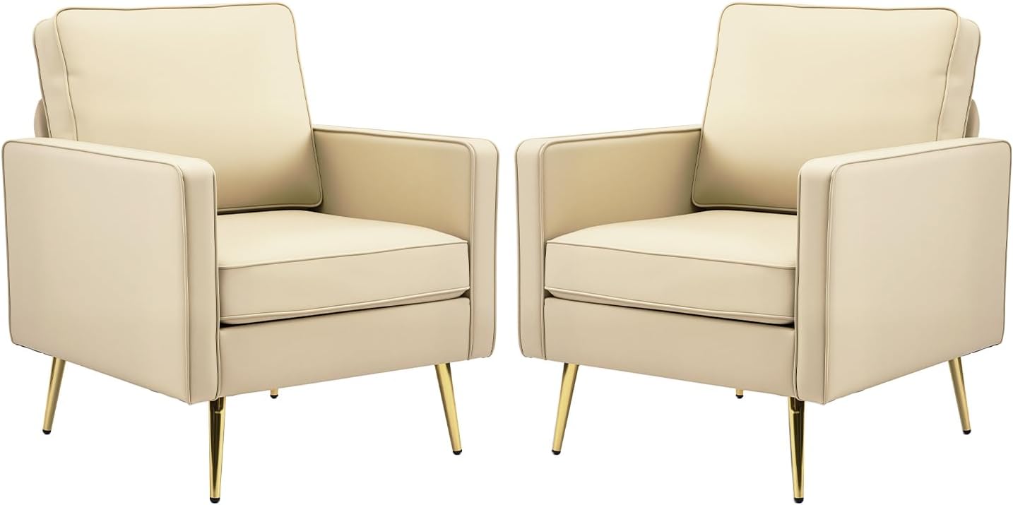 VINGLI PU Leather Accent Chairs Set of 2, Mid-Century Modern Living Room Chairs with Removable Cushions, Gold Legs, Upholstered Sofa Armchair for Bedroom, Office, Apartment, Play Room