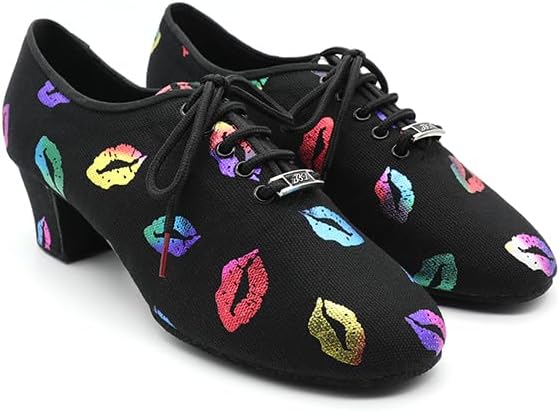 Women's Latin Dance Shoes Jazz Salsa Performance Oxford with Colorful Lip Print Pattern Professional Ballroom Dancing #T1-B