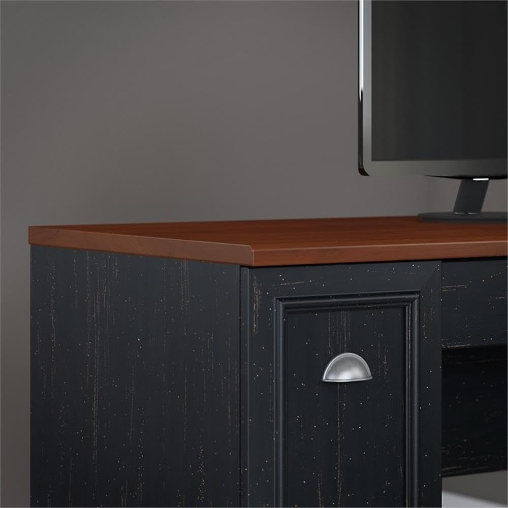 Bush Home Fairview 60W L Shaped Desk with Lateral File Cabinet and 5 Shelf Bookcase in Antique Black and Hansen Cherry