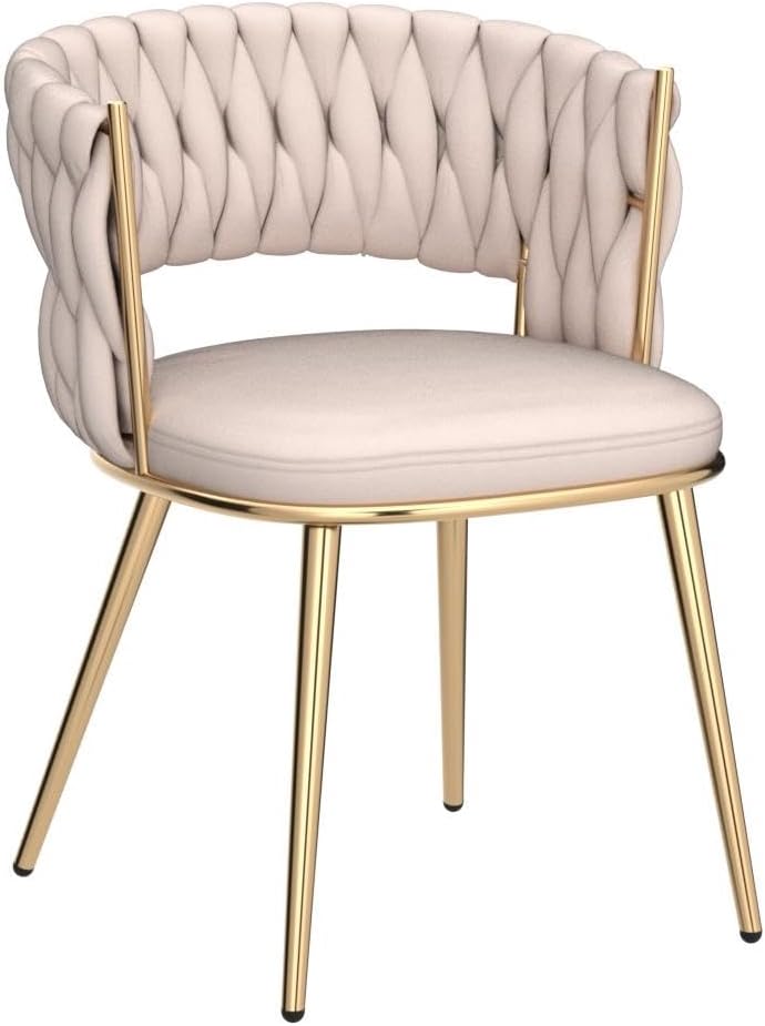 KCC Modern Velvet Dining Chairs Set of 2, Upholstered Living Room Chair with Woven Back and Golden Metal Legs, Mid-Century Accent Side Chair for Living Dining Room, Kitchen, Beige