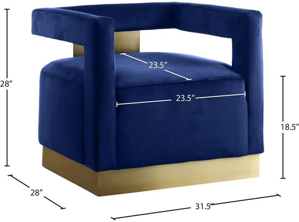 Meridian Furniture Armani Collection Modern | Contemporary Velvet Upholstered Accent Chair with Sturdy Steel Base and Back in Gold Finish, 31.5' W x 28' D x 28' H, Navy