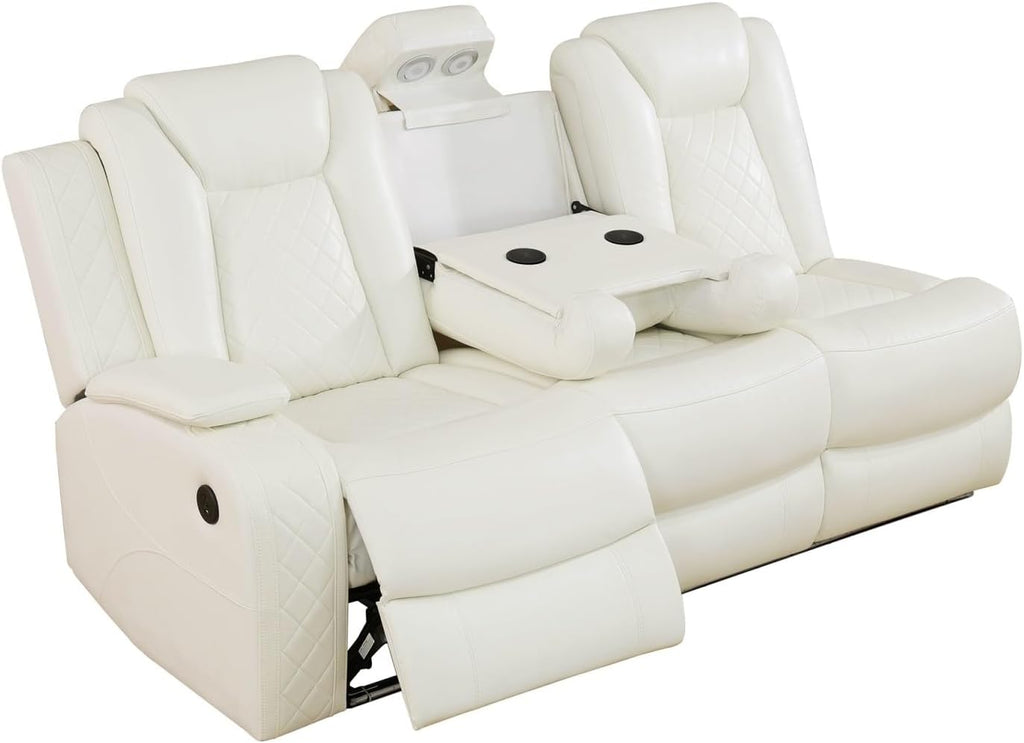 Reclining Sectional, Power Sectional Couch, Leather Sofa Set for Living Room, Comfy Home Theater Seating with USB 2.0 Charging Ports, LED Light Strips, Fold-Down Table & Cupholders (White, 3-Piece)