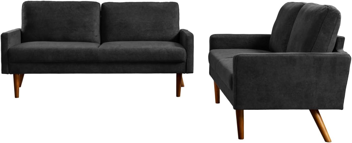 Kent 2 Piece Velvet Sofa and Loveseat Set, European Style with Modern & Vintage Flair, Upholstered 5 Seater Couch, Chic Living Room Furniture Seating for Home, Apartment or Office, Black
