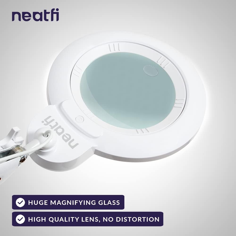 Neatfi XL Bifocal LED Magnifying Lamp, 7' Acrylic Lens, 2.25X/6X, 1,600 Lumens Dimmable | 3 Light Modes, Adjustable Arm & Clamp | Reading, Crafting & Jewelry (White, 7-inch Lens, CCT with Clamp)