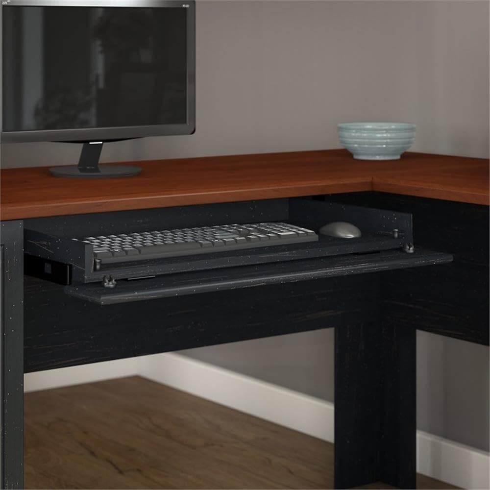 Bush Home Fairview 60W L Shaped Desk with Lateral File Cabinet and 5 Shelf Bookcase in Antique Black and Hansen Cherry