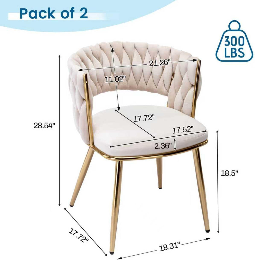 KCC Modern Velvet Dining Chairs Set of 2, Upholstered Living Room Chair with Woven Back and Golden Metal Legs, Mid-Century Accent Side Chair for Living Dining Room, Kitchen, Beige