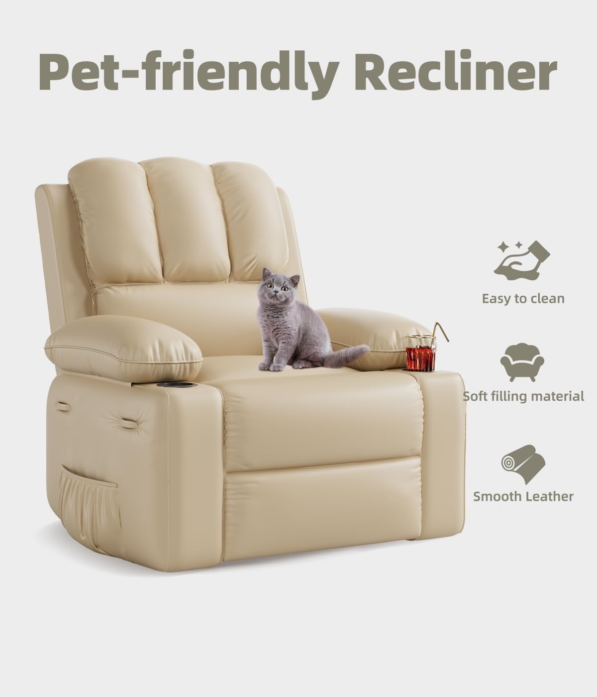 GarveeHome Recliner Chairs, Classic Manual Leather Recliner, Home Theater Seating with Lumbar & Arms Support for Living Room, Bedroom and Nursery (Beige-27)