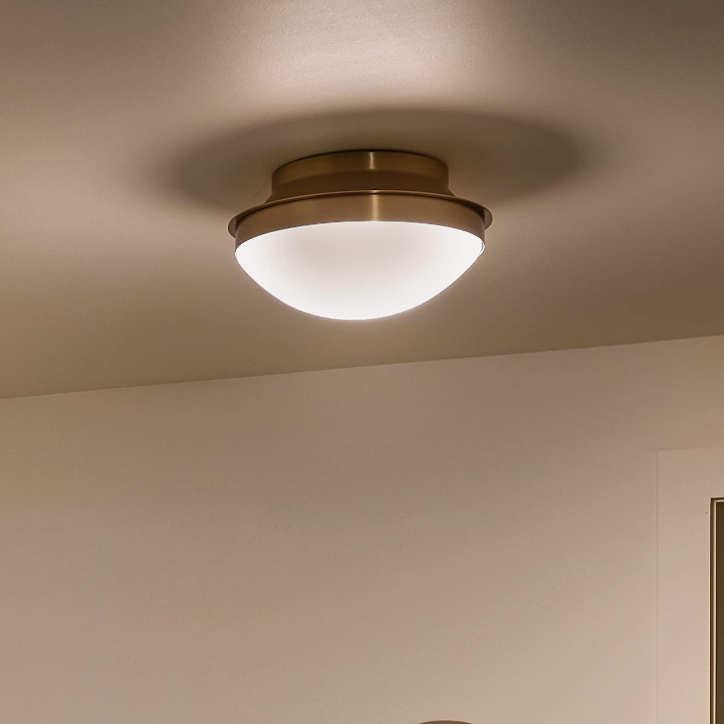 Kichler Bretta 2 Light Flush Mount Ceiling Light in Brushed Natural Brass with Satin Etched Glass, (7.25' H x 13.5' Dia), 52544BNB