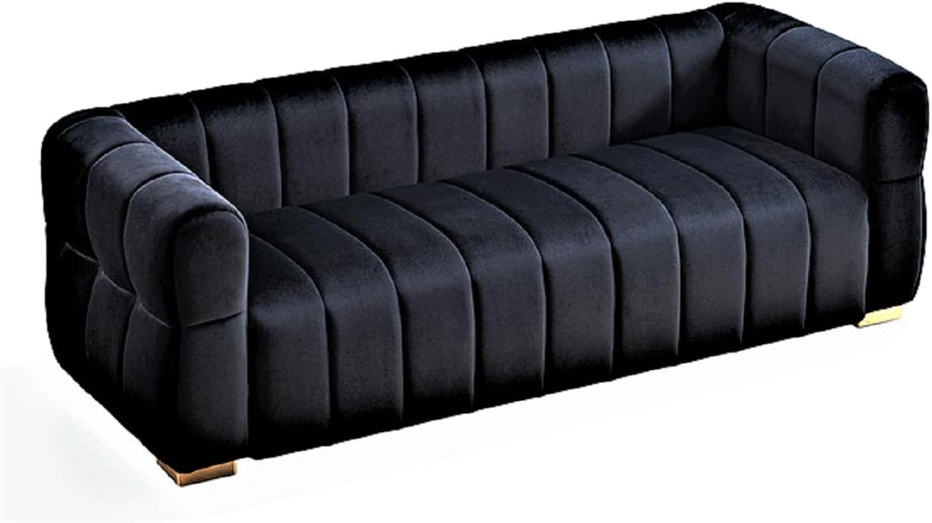 Container Furniture Direct Art Deco Velvet Sofa with Tufted Low Back Design, Sophisticated 3 Seater Couch for Living Rooms, 89 Inch Wide, Easy Assembly, Black