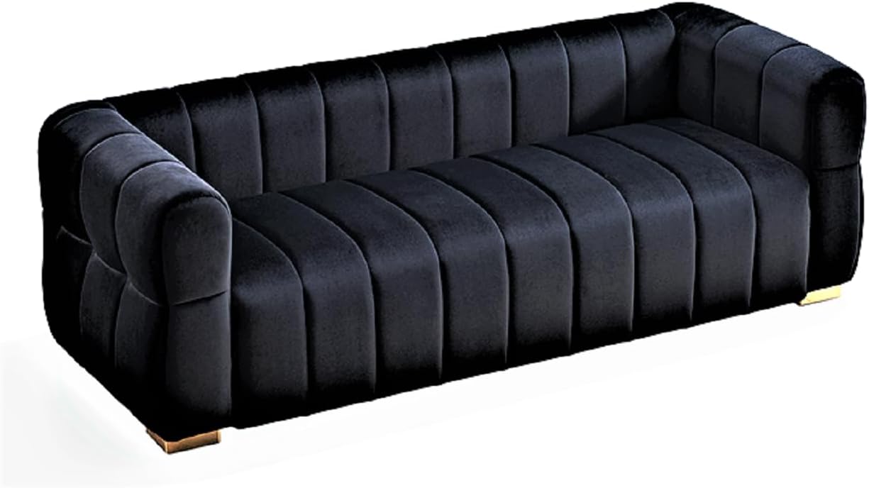 Container Furniture Direct Art Deco Velvet Sofa with Tufted Low Back Design, Sophisticated 3 Seater Couch for Living Rooms, 89 Inch Wide, Easy Assembly, Black