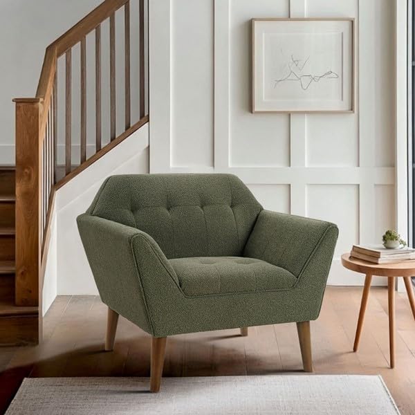 Ink+Ivy Newport Wide Mid-Century Modern Lounge Chair Hand-Tufted Velvet Upholstered Accent Armchair with Solid Wood Pecan Legs for Living Room Bedroom Reading