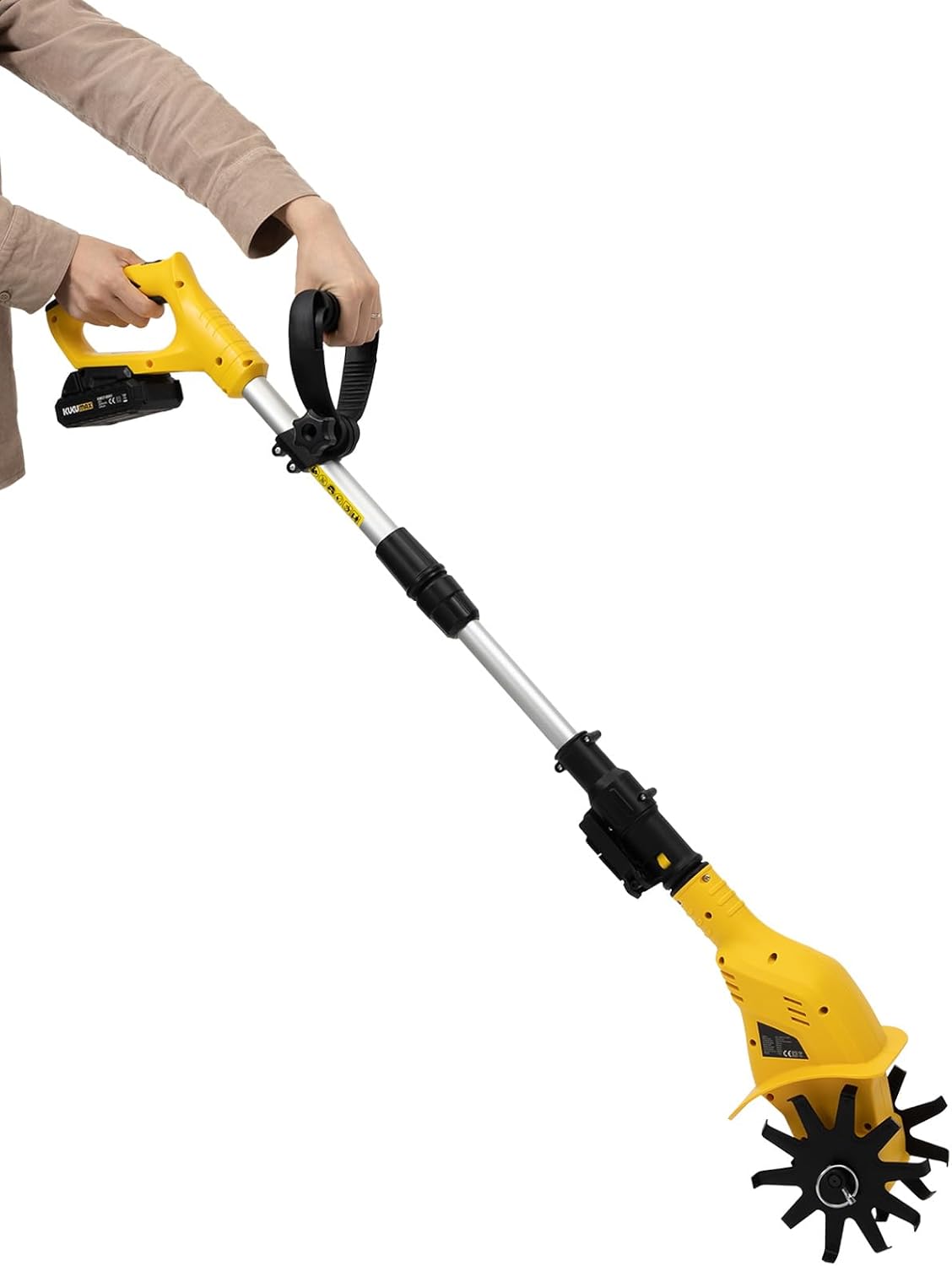 20V Cordless Tiller Cultivator with Steel Tines, Battery Powered Electric Garden Cultivator with 3-4FT Extendable Pole, Handheld Mini Tiller for Gardening, 6.3' Depth 4' Width
