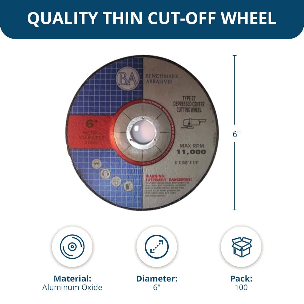 Benchmark Abrasives Grinder Cut Off Wheels 6 Inch Aluminum Oxide Depressed Center Thin Type 27 for Metals, .045' Thick 7/8' Arbor, Angle Grinder Cutting Disc, Grinding Cutting Wheel - 100 Pack