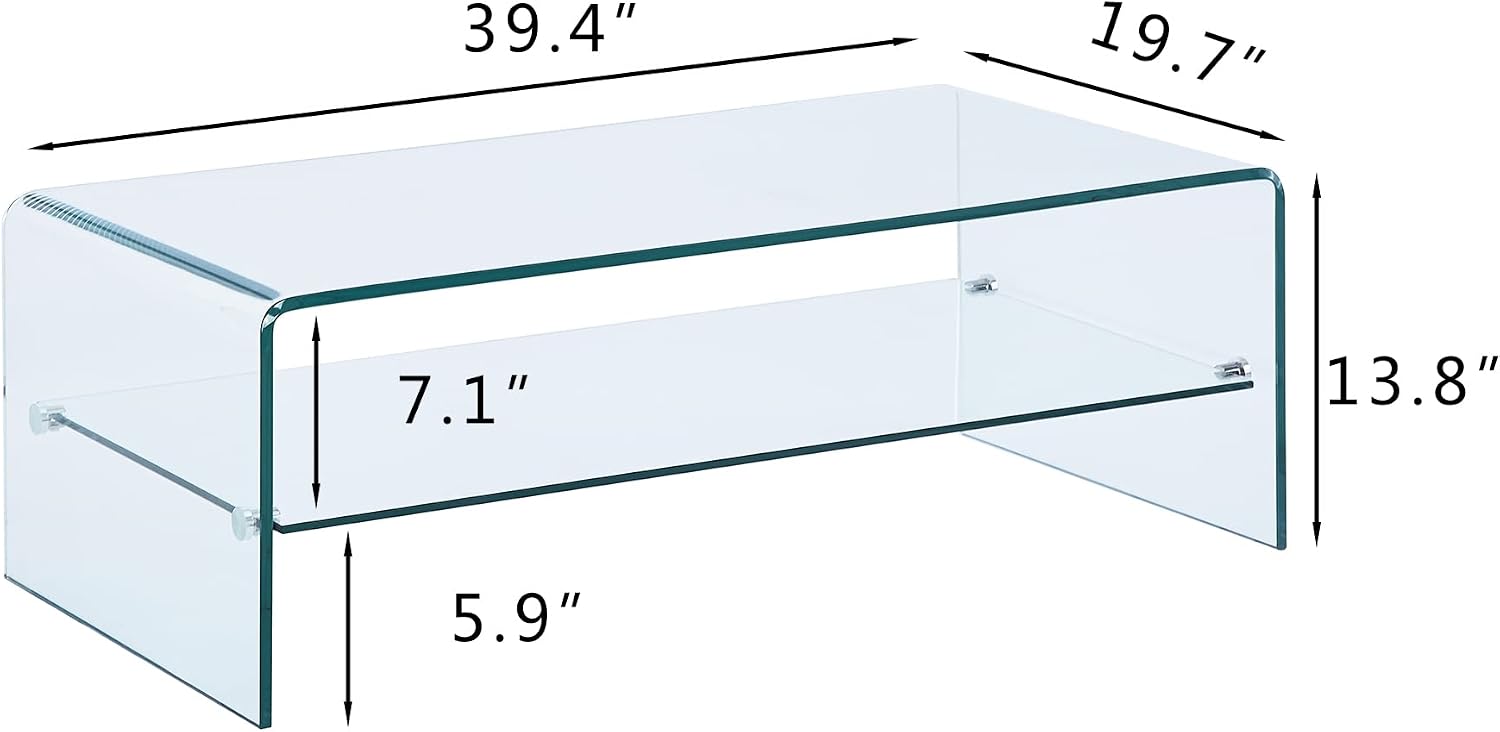 Glass Coffee Table with Shelf Modern Coffee Table for Living Room S39x20x14