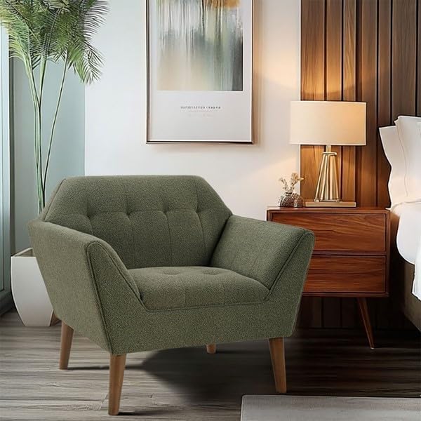Ink+Ivy Newport Wide Mid-Century Modern Lounge Chair Hand-Tufted Velvet Upholstered Accent Armchair with Solid Wood Pecan Legs for Living Room Bedroom Reading