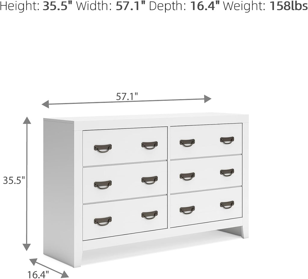 Signature Design by Ashley Binterglen Casual Coastal Six-Drawer Dresser with Dovetail Construction for Bedroom, White Finish, 57.13' W x 16.38' D x 35.5' H
