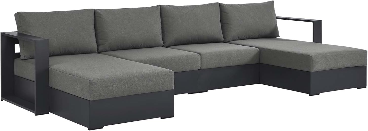 Modway Tahoe Aluminum 4-Piece Outdoor Patio Furniture Gray Charcoal, Modular Sectional Sofa Set with Chaise Lounges, Weather-Resistant Cushion, Ideal for Deck, Backyard, Poolside