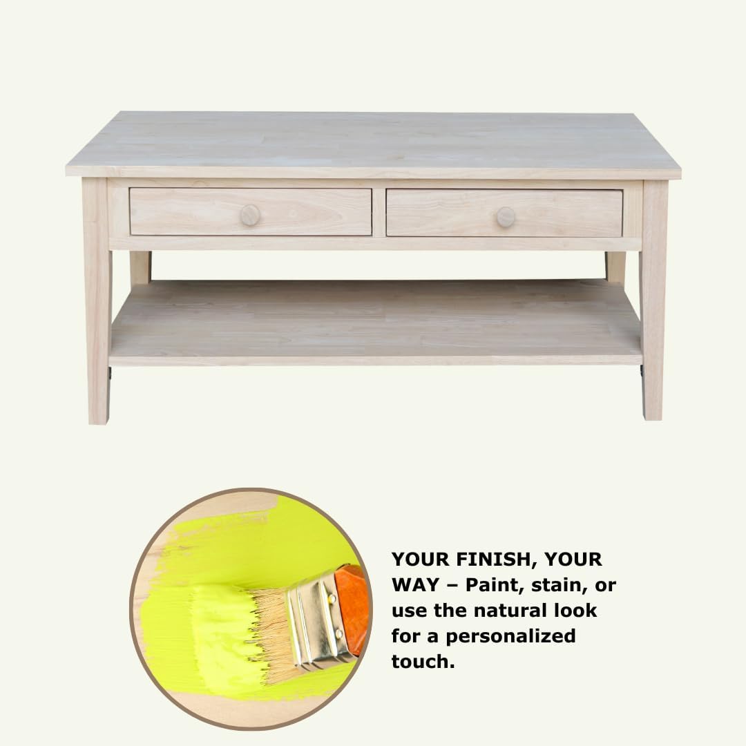 IC International Concepts, Spencer Coffee Table, Solid Wood, Real Parawood, 48' W x 24' D x 19' H, Easy Assembly, DIY, Paint or Stain Your Way, Unfinished