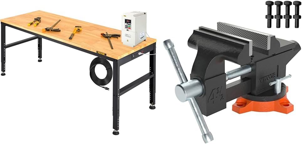 VEVOR 60' 2000LB Adjustable Workbench with Outlets & Bench Vise with 4.5' Jaw Width for Workshop Garage