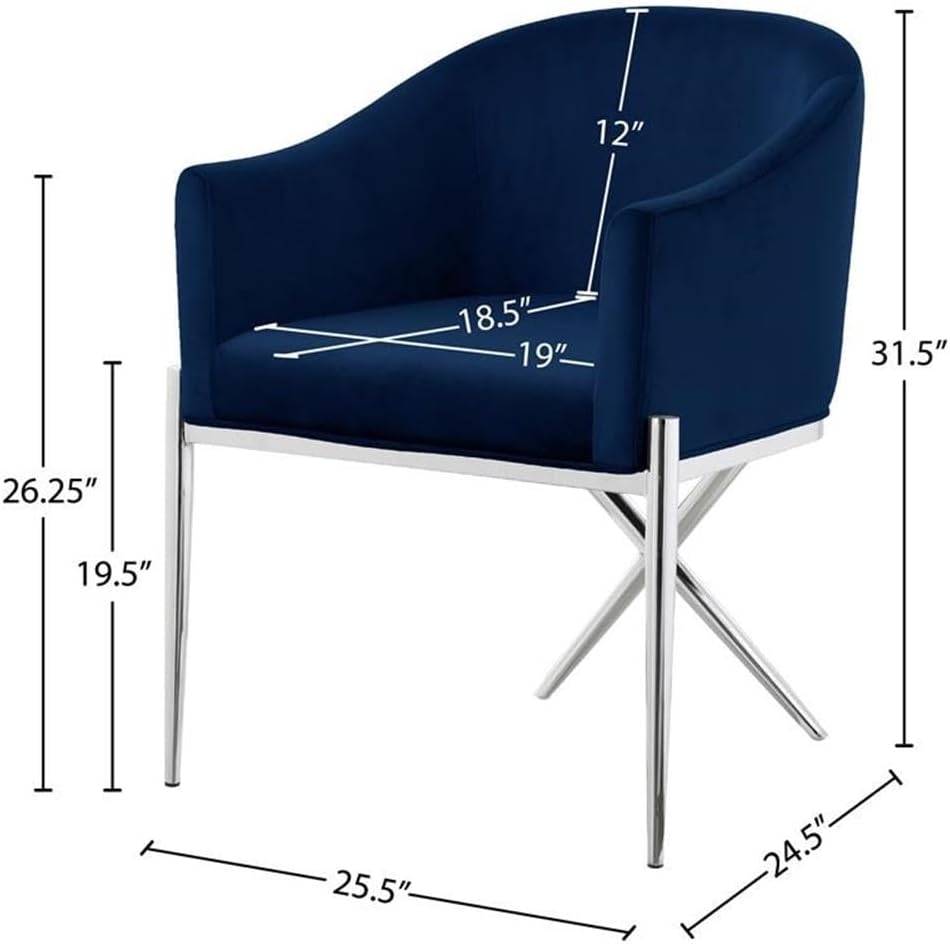 Meridian Furniture Xavier Collection Modern | Contemporary Velvet Upholstered Dining Chair with Sturdy Steel X Shaped Legs, 25.5' W x 24.5' D x 31.5' H, Navy
