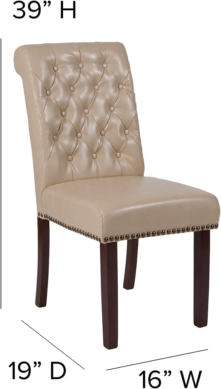 Flash Furniture HERCULES Series Beige LeatherSoft Parsons Chair with Rolled Back, Accent Nail Trim and Walnut Finish
