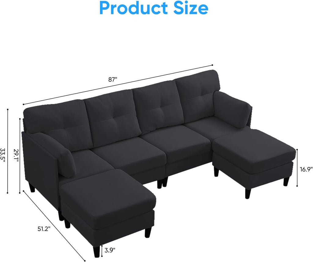 PUREMIND Sectional Couches for Living Room, Modern Snow Velvet U-Shaped Sofa Couch with Double Chaise, Upholstered 4 Seater Sofa with Double Chaise for Living Room, Apartment, Office, Dark Grey