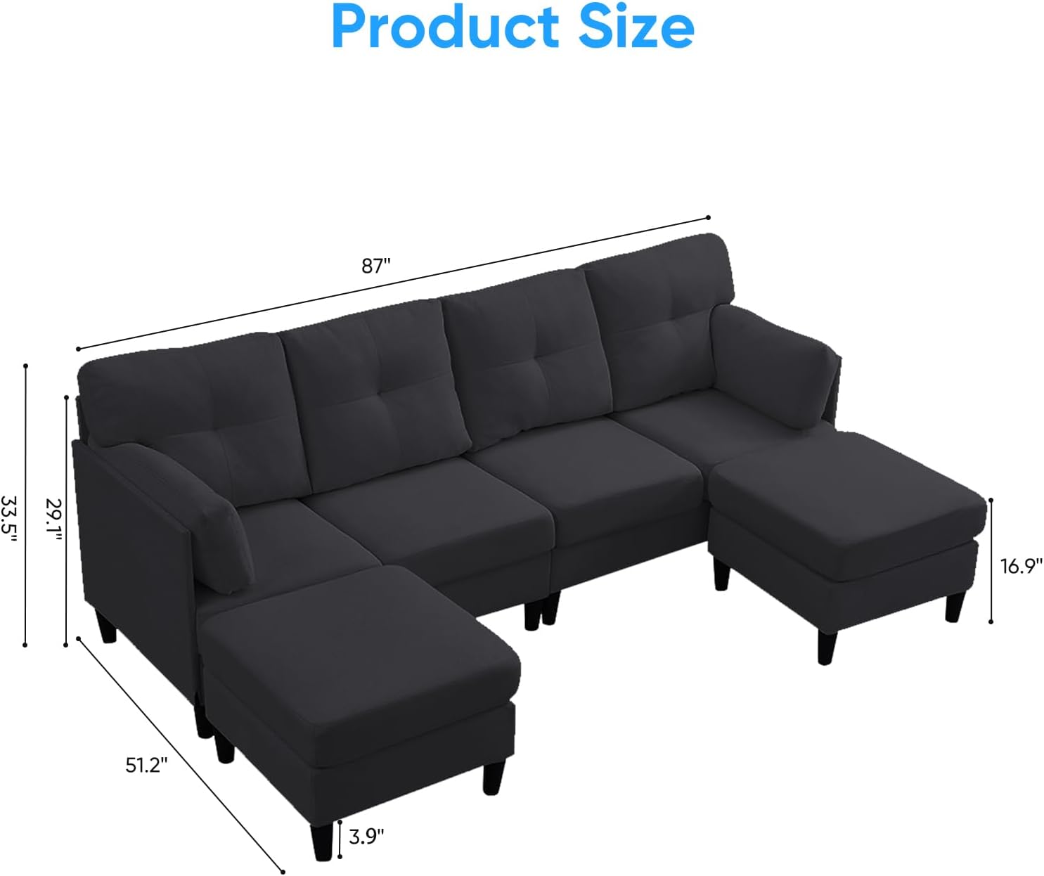 PUREMIND Sectional Couches for Living Room, Modern Snow Velvet U-Shaped Sofa Couch with Double Chaise, Upholstered 4 Seater Sofa with Double Chaise for Living Room, Apartment, Office, Dark Grey