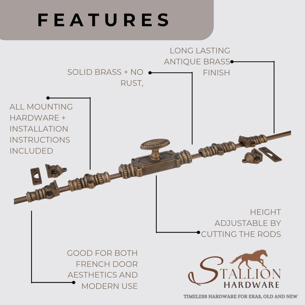 Antique Brass Door Cremone Bolt - 9 ft Durable Solid Brass Build, Rust Resistant, Easy Installation, Vintage Style for Tall Doors, Perfect for Any Decor