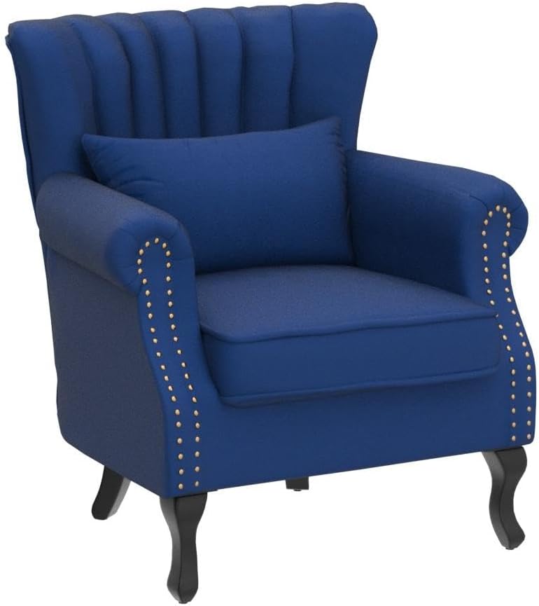 Kmax Blue Accent Chair Velvet Wingback Chair with Pillow Nail-Head Channel Tufted Oversized Club Chair for Living Room Bedroom Guest Room