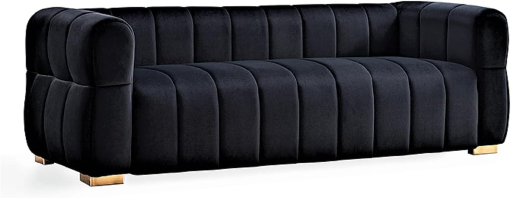 Container Furniture Direct Art Deco Velvet Sofa with Tufted Low Back Design, Sophisticated 3 Seater Couch for Living Rooms, 89 Inch Wide, Easy Assembly, Black