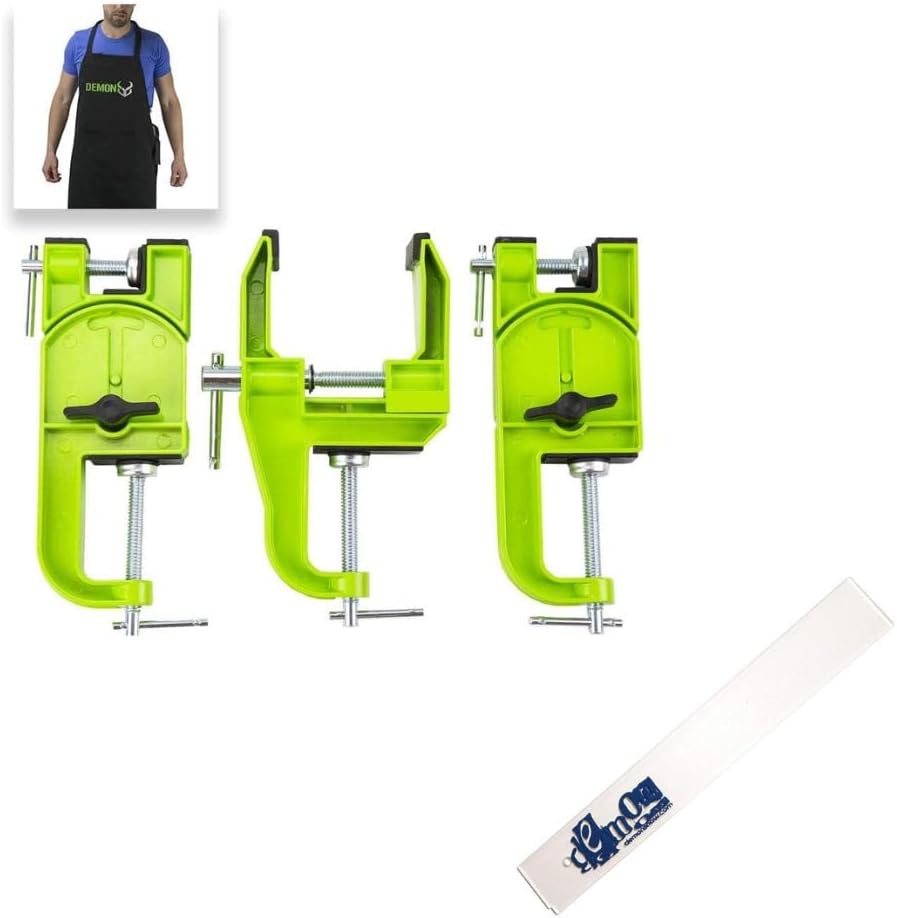DEMON UNITED Muzzle Ski Vise -3 Vise Pcs- Quality Metal Construction- with Shop Apron & Ski Brake Retainers Combo Pack and 14 Inch Wax Scraper