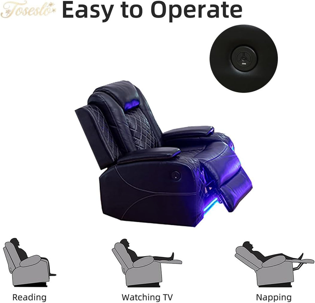 Living Room Furniture Sets, Power Recliner Sofa Set with LED Light, Black Leather Sofa and 2 Chairs Set, Modern Power Reclining Sets with Storage Console for House