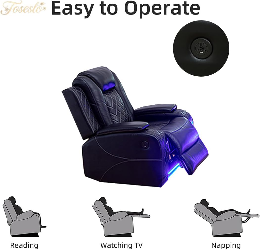 Living Room Furniture Sets, Power Recliner Sofa Set with LED Light, Black Leather Sofa and 2 Chairs Set, Modern Power Reclining Sets with Storage Console for House