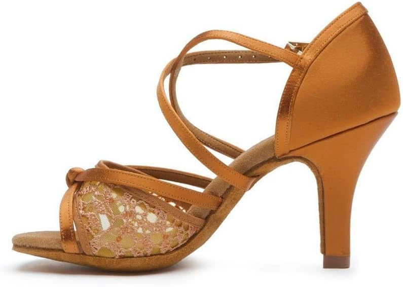 Ladies Latin Dance Shoes Hollow Lace Ballroom Sandals Salsa Jazz High Heel Performance Dancing Shoes for Women Satin #2376