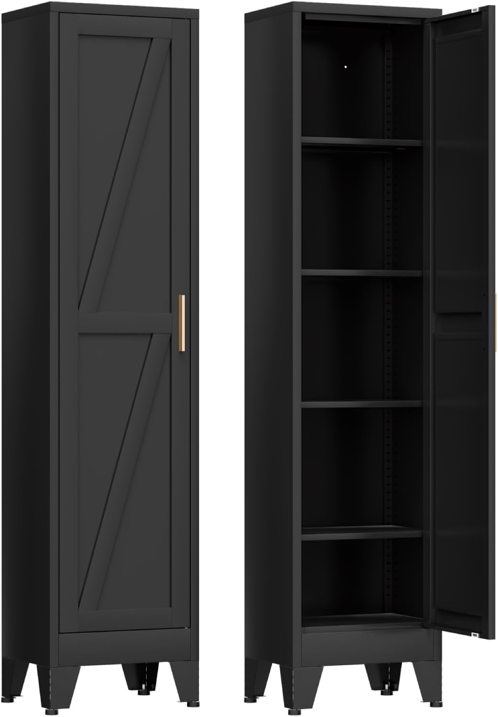COFaR 67'' Tall Slim Bathroom Storage Cabinet, Metal Narrow Pantry Cabinet with 4 Adjustable Shelves and One Door, Skinny Cabinet Storage for Kitchen Laundry, Black Farmhouse 5 Tiers