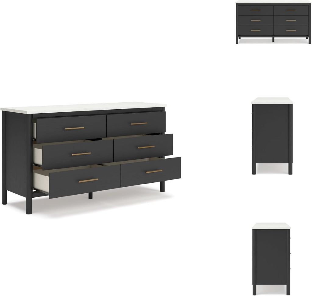 Signature Design by Ashley Cadmori 6 Drawer Dresser, Black Dresser for Bedroom, Matte Black & Replicated White Marble Top, 64' Wide, Engineered Wood Construction, Minor Assembly Required