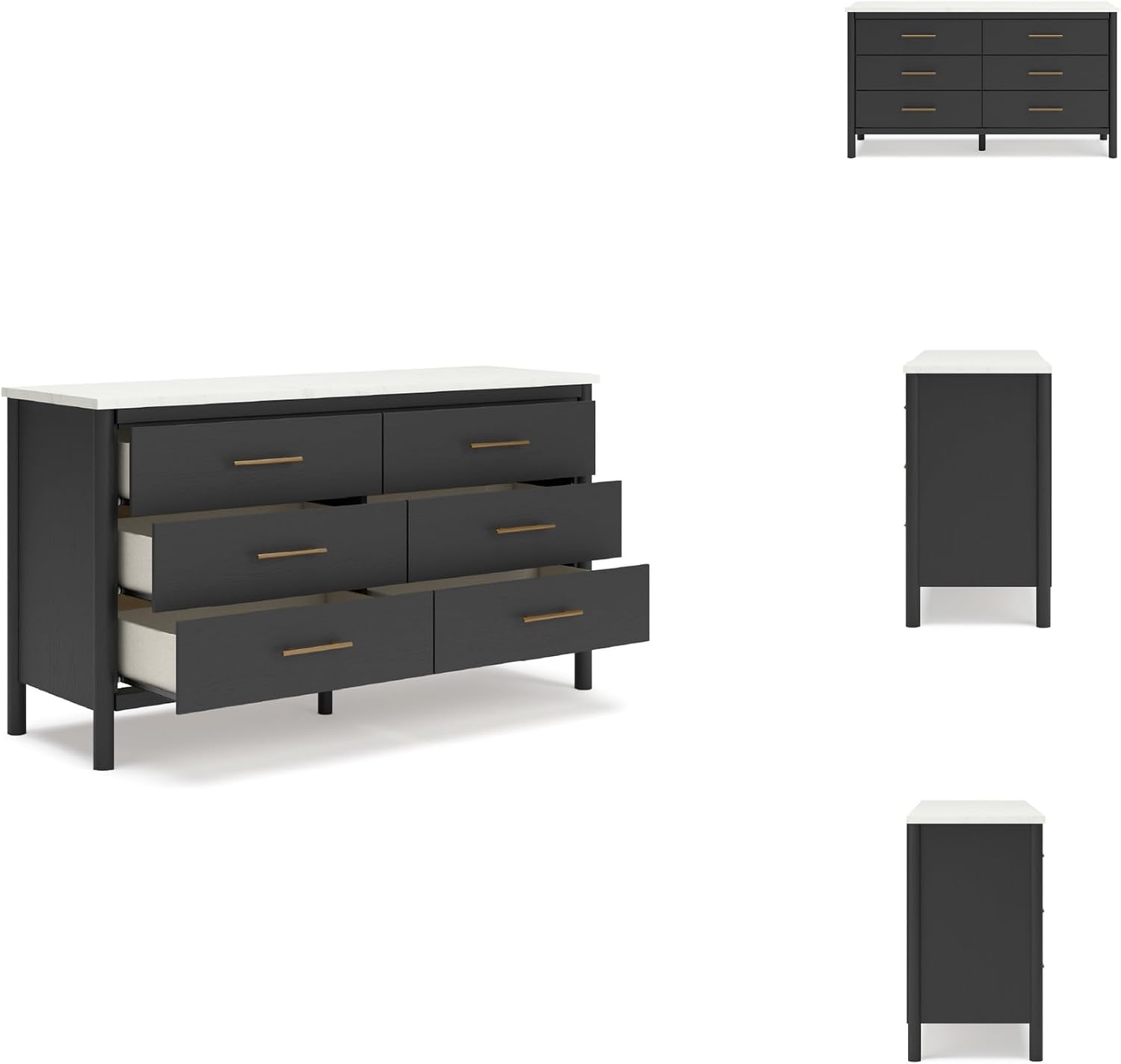 Signature Design by Ashley Cadmori 6 Drawer Dresser, Black Dresser for Bedroom, Matte Black & Replicated White Marble Top, 64' Wide, Engineered Wood Construction, Minor Assembly Required