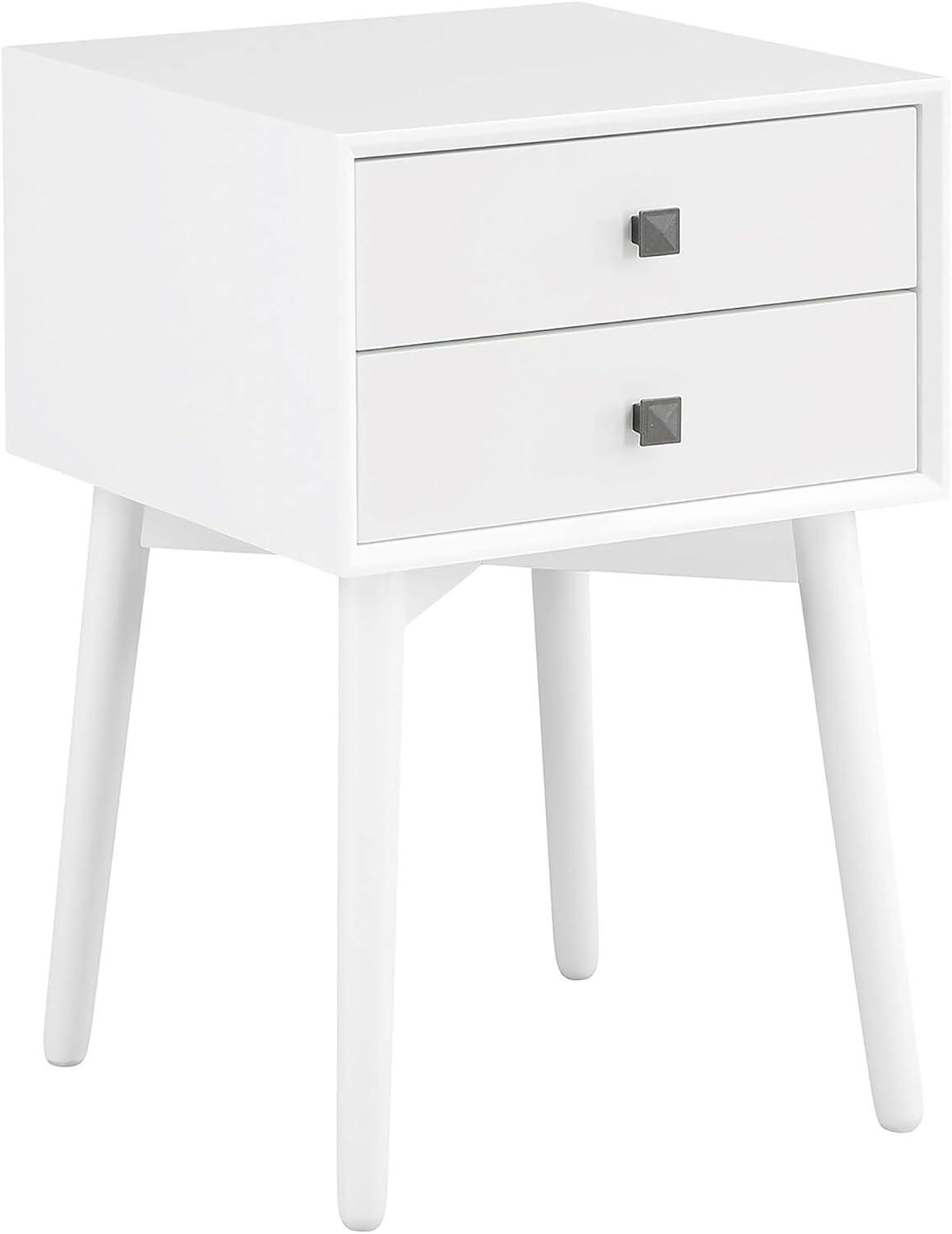 24/7 Shop at Home Goerge Mid-Century Modern Nightstand, Solid Rubber Wood Dresser, Small Bedside Tables with 2 Drawers, with Tapered Legs for Bedroom, Living Room, Home Office, White
