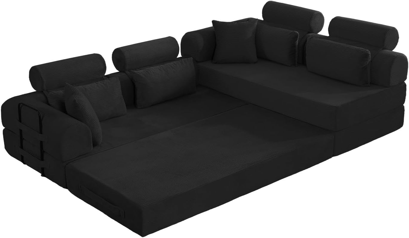 KEIKI 6-in-1 Folding Convertible High Back Sofa Sleeper, 106' Oversized Modular Sectional Corduroy Upholstered L Shape Couch for Living Room, Chaise Lounge Indoor for Modern Minimalist Family,Black