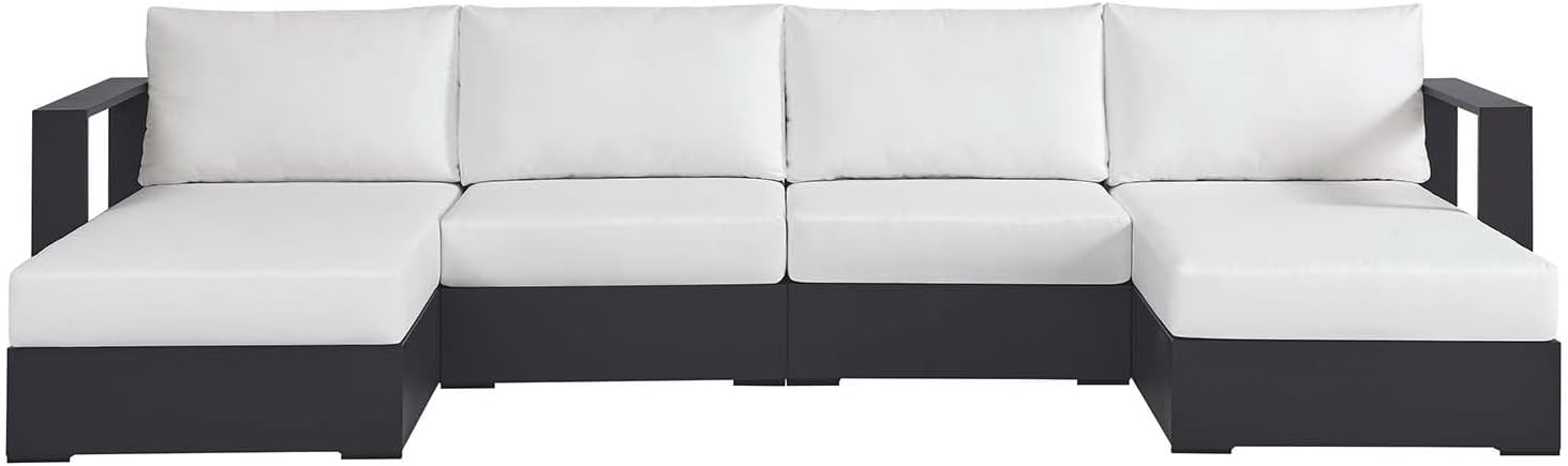Modway Tahoe Aluminum 4-Piece Outdoor Patio Furniture Gray White, Modular Sectional Sofa Set with Chaise Lounges, Weather-Resistant Cushion, Ideal for Deck, Backyard, Poolside