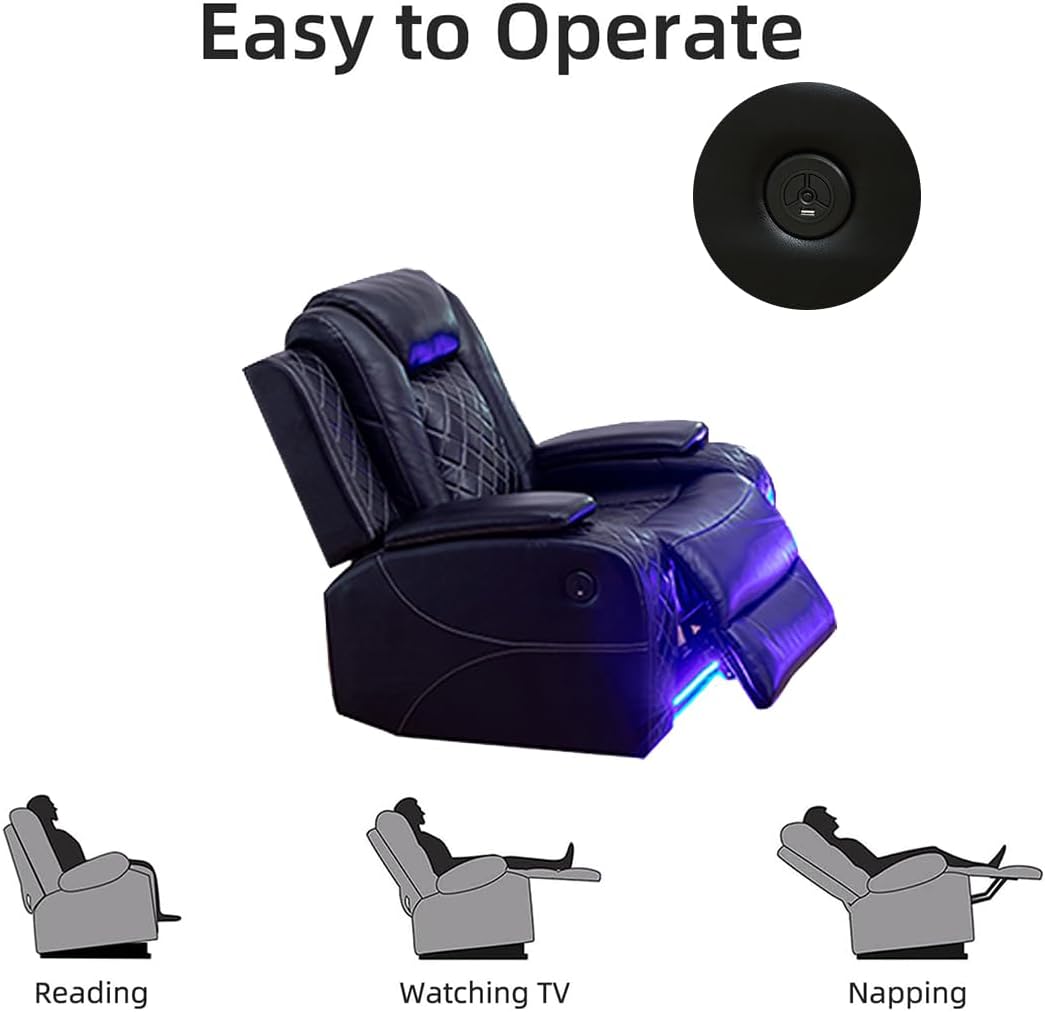 Leather Recliner Loveseat Set with LED Light, Power Black Leather Sectional Set, Living Room Furniture Sets 2 Seats, Modern Power Reclining Sofa Sets with Storage Console/Cup Holder for Living Room