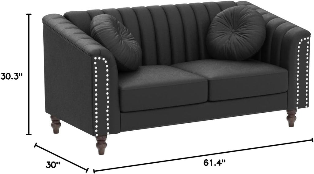 Container Furniture Tufted Velvet Sofa with Removable Cushions and Turned Wood Legs, Elegant Living Room Furniture for The Modern Home, 61.4 Inch Loveseat, Black