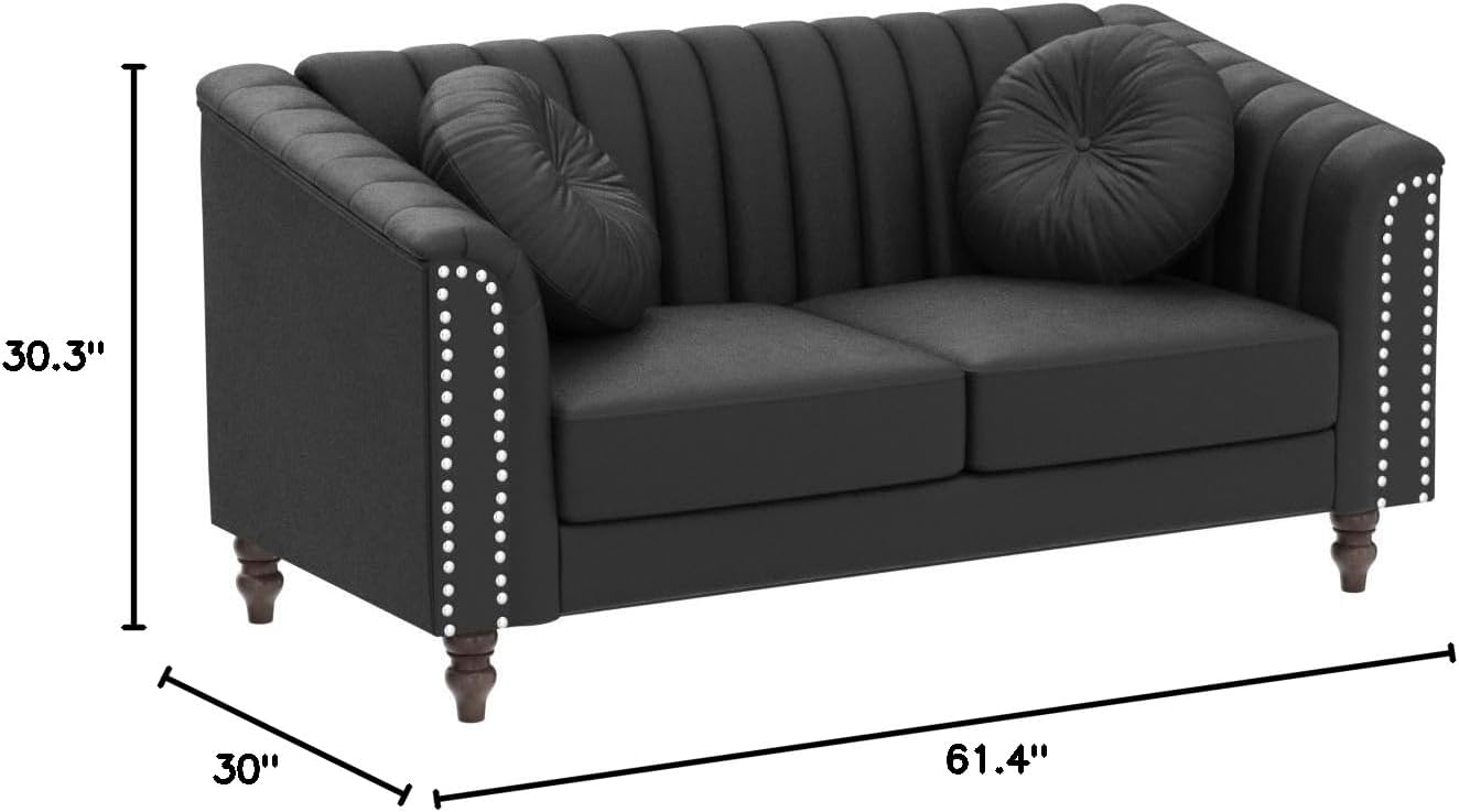 Container Furniture Tufted Velvet Sofa with Removable Cushions and Turned Wood Legs, Elegant Living Room Furniture for The Modern Home, 61.4 Inch Loveseat, Black