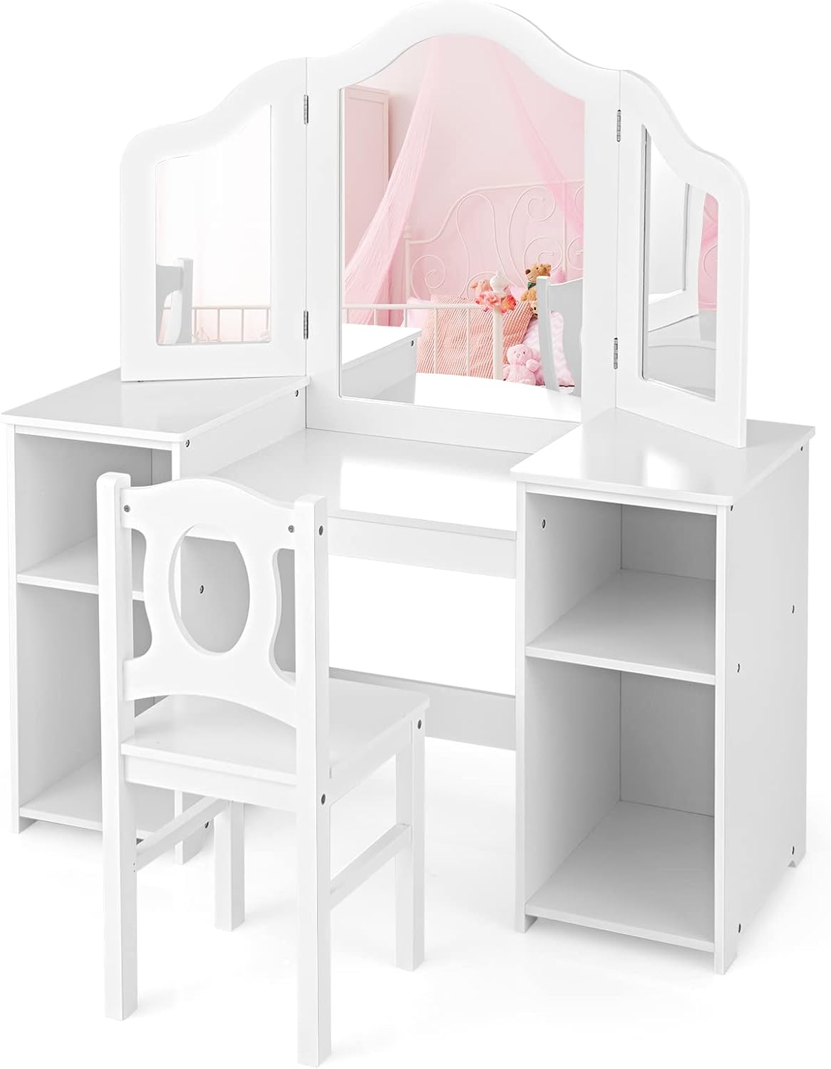 AKUSTIK Kids Vanity, 2 in 1 White Wooden Dressing Table and Chair Set for Toddlers with Tri-Folding Detachable Mirror, Storage Shelves, Pretend Princess Beauty Make Up Play Set for Little Girls