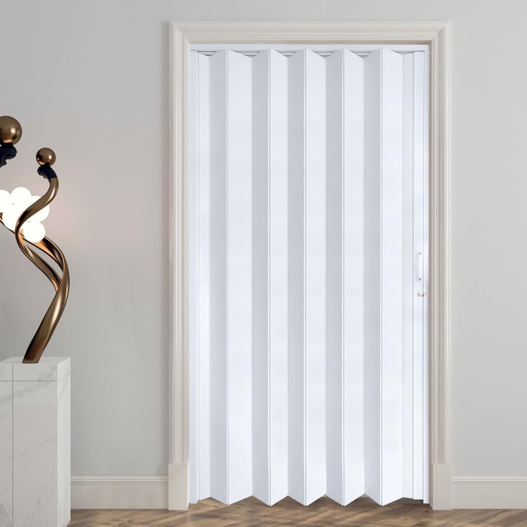 DIYHD 42X80in Accordion Door, White Double-Layer PVC Folding Interior Door with Sliding Track Kit, Space-Saving Closet Door, No Floor Track, Dual-Sided Handle & Latch, Easy Install