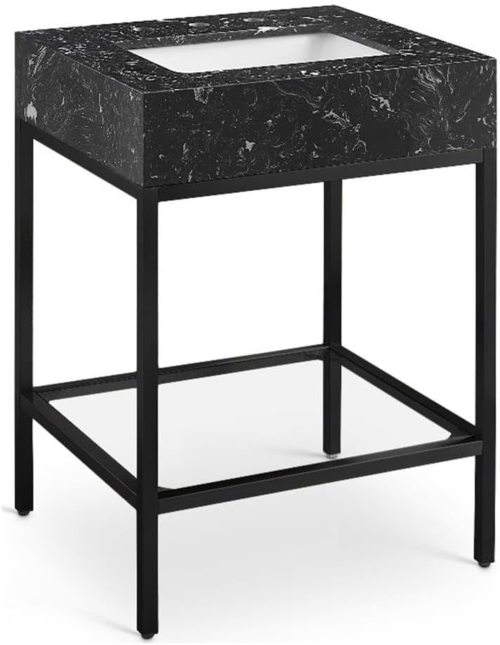 Meridian Furniture 407Black-24 Marmo Collection Modern | Contemporary Bathroom Vanity with Black Engineered Stone with White Veining, Matte Black Metal Base, 24' W x 21' D x 34' H