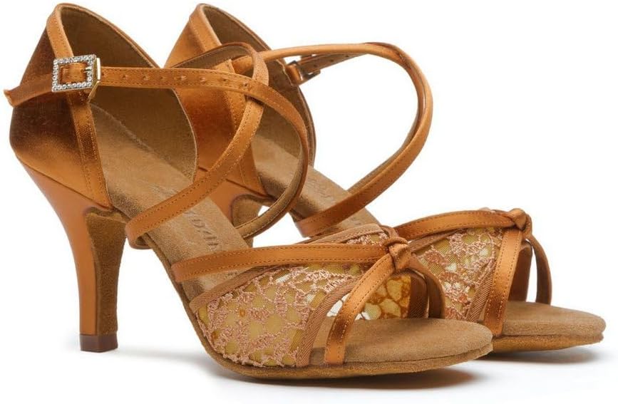 Ladies Latin Dance Shoes Hollow Lace Ballroom Sandals Salsa Jazz High Heel Performance Dancing Shoes for Women Satin #2376